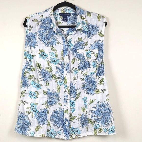 Karen Scott Sleeveless Cotton Floral Button Front Shirt Size XL - Picture 1 of 9